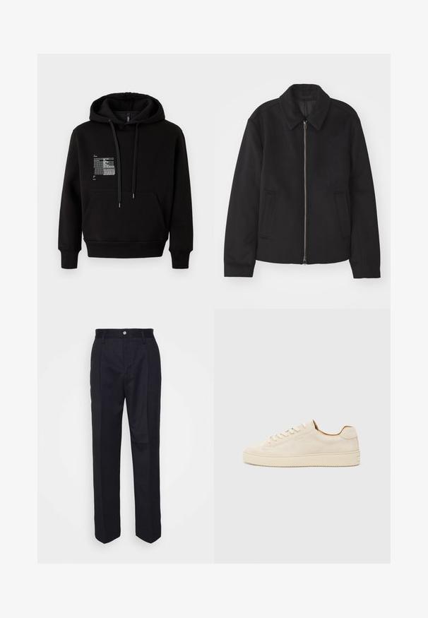 Chaqueta negra con cierre de cremallera, diseño ajustado, cuello redondeado y bolsillos con abertura. Fabricada en un tejido suave y texturizado.; Sudadera con capucha negra, hecha de una suave mezcla de algodón, que cuenta con un bolsillo frontal, cordones ajustables y un diseño gráfico reflectante en el lado izquierdo del pecho.; Pantalones negros ajustados con un diseño de pierna recta, confeccionados en una tela suave, que cuentan con un cierre frontal de botón y dos bolsillos laterales.; Zapatilla de ante beige con un diseño de corte bajo, puntera redonda, cordones planos y suela de goma texturizada. Estilo minimalista sin logotipos visibles.