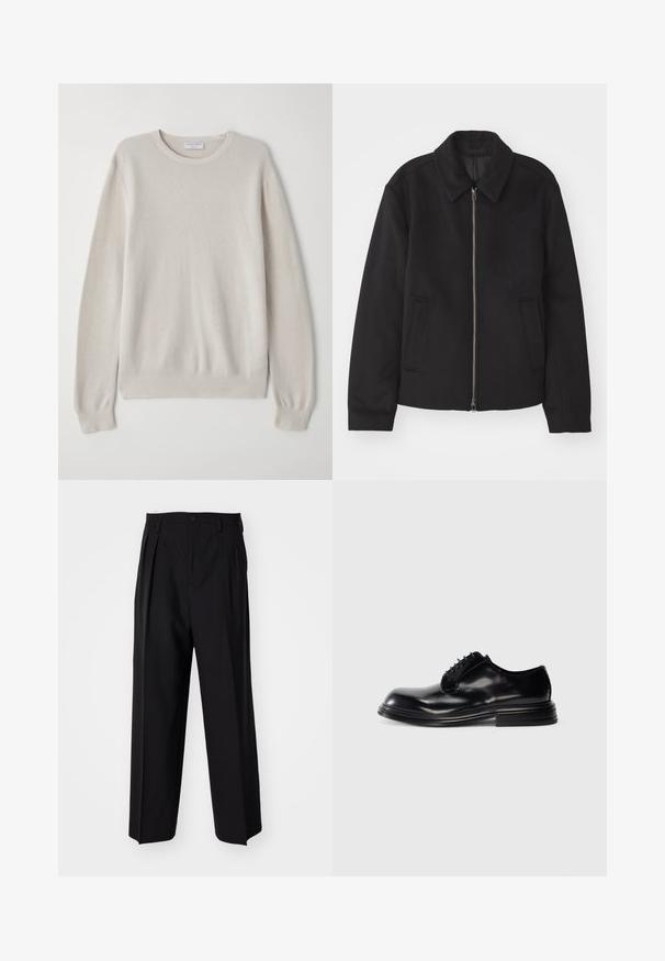 Zwarte jas met ritssluiting, op maat gemaakte ontwerp, ronde kraag en splitzakken. Gemaakt van een gladde, gestructureerde stof.; Lichtbeige trui van zacht breiwerk. Ronde halslijn, lange mouwen, ribgebreide manchetten en zoom met subtiele textuurdetails.; Zwarte geplooide broeken met een rechte, brede pijpontwerp. Gemaakt van soepele stof, met een knoopsluiting en riemlussen.; Zwarte leren nette schoen met een ronde neus, gladde afwerking, vetersluiting en een gestapelde hak. Minimalistische stijl zonder zichtbare logo's.