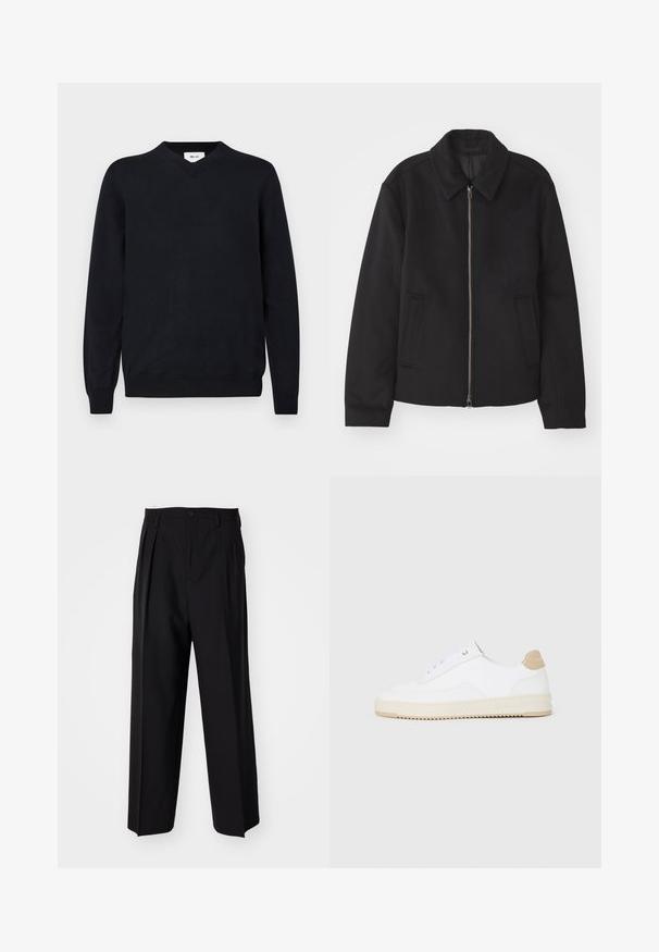 Μαύρο μπουφάν με φερμουάρ, κομψή γραμμή, στρογγυλός γιακάς και τσέπες με άνοιγμα. Κατασκευασμένο από μαλακό, υφασμάτινο υλικό.; Μαύρο πουλόβερ με V λαιμόκοψη, φτιαγμένο από μαλακό υλικό, με μακριά μανίκια και ραμμένους σφιχτούς καρπούς και τελείωμα. Μινιμαλιστικός σχεδιασμός χωρίς ορατά μοτίβα.; Μαύροι πιέτες παντελόνια με ίσια, φαρδιά γραμμή. Κατασκευασμένα από λείο ύφασμα, με κλείσιμο με κουμπί και θηλιές για ζώνη.; Λευκά sneakers χαμηλού τύπου με άνω μέρος από υφασμάτινο δέρμα, κρεμίζω με λοξές αντιθέσεις και κάλυμμα τακουνιού σε καφέ απόχρωση. Διαθέτουν λευκά κορδόνια και λεπτομέρεια λογότυπου στο τακούνι.