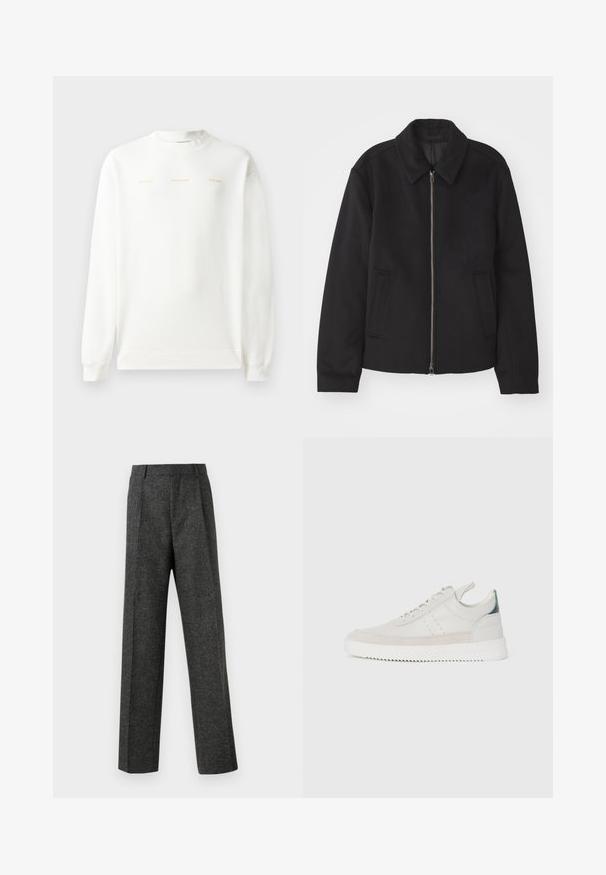 Fekete dzseki cipzárral, testreszabott dizájnnal, kerek nyakkal és zsebekkel. Sima, texturált anyagból készült.; Fehér pulóver kerek nyakkal, hosszú ujjakkal és bordázott mandzsettákkal. Az elülső részen arany színű nyomat található: "HZW (25-26) HOLZWEILER A NAP."; Szürke, texturált anyagból készült, szabott nadrág, két elülső pliszével és egyenes lábbal. Nincsenek látható zsebek vagy díszítések.; Fehér bőr sportcipők szürke bársonyos részletekkel, fűzős kivitelben, hátul húzófüllel és texturált gumi talppal, amelyen zikk-zakk minta található.