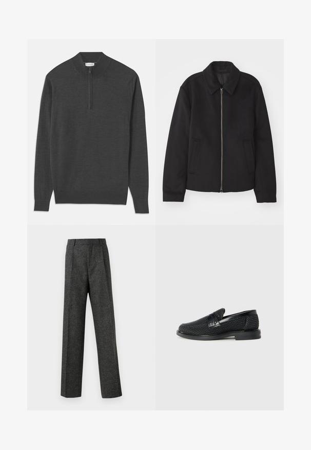 Must mustriga, mis on varustatud lukuga, kohandatud disaini, ümarate kaeluste ja lõhesalongidega taskudega. Valmistatud siledast, tekstuurilisest kangast.; Tumehall pullover-sweater, millel on tõmblukk kaelas, pikad varrukad, soonikkud ja hem, valmistatud pehmest kangast, millel on sile tekstuur.; Hallidehased hallid püksid tekstureeritud kangast, millel on kaks eesmist voldi ja sirge sääre disain. Pole nähtavaid taskuid ega kaunistusi.; Must musta kootud slip-on king, millel on pehme nahast accent ülaserval, ümmargune varvas ja madal profiiliga kummitald.