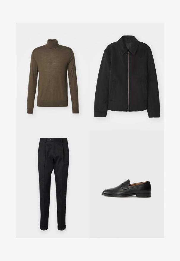 Melnā jaka ar rāvējslēdzēju, piegrieztas formas dizains, noapaļots apkakle un šķēluma kabatas. Izgatavota no gludas, teksturētas auduma.; Tiger of Sweden NEVILE - Džemperis - october sage; Melni bikses, izgatavotas no gludas auduma, ar uzkāpes priekšpusē, pogu aizdari un velkot piegriezumu pie potītes.; Melnas ādas loafers ar noapaļotu purngala formu, smalku izšuvumu un zemu papēdi, piedāvājot gludu tekstūru un minimālistisku dizainu.