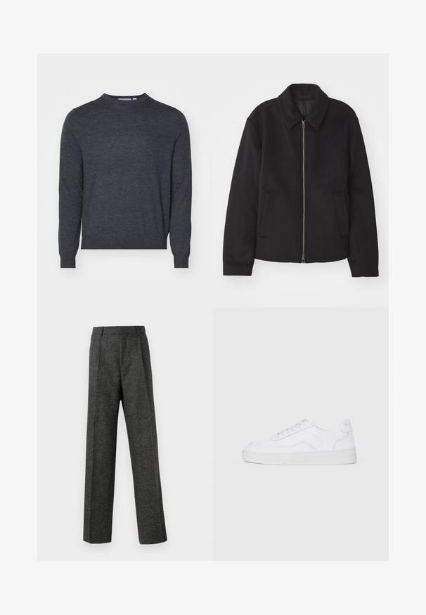 Musta takki vetoketjukiinnityksellä, muotoiltu design, pyöreä kaulus ja viilto-taskut. Valmistettu sileästä, tekstuuripinnoitteisesta kankaasta.; Tiger of Sweden CONNOR - Neule - grey street; Harmaat räätälöidyt housut, jotka on valmistettu teksturoidusta kankaasta, ja niissä on kaksi etutaskua ja suora lahjemuoto. Ei näkyviä taskuja tai koristeluja.; Valkoiset matalat tennarit, joissa on nauhalevys, sileä päällinen ja kumipohja vaalealla taustalla.