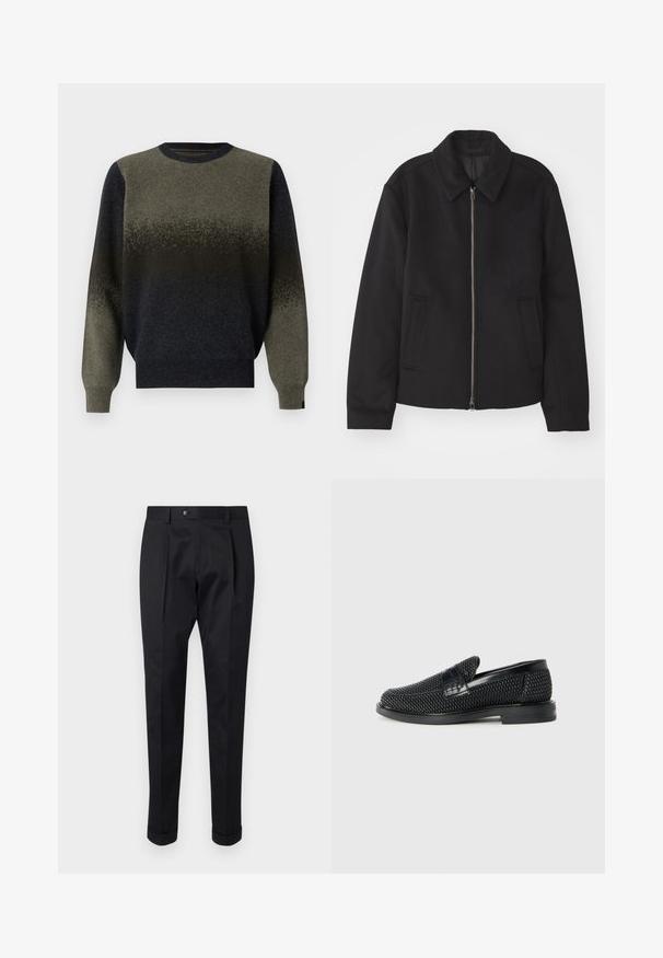 Melnā jaka ar rāvējslēdzēju, piegrieztas formas dizains, noapaļots apkakle un šķēluma kabatas. Izgatavota no gludas, teksturētas auduma.; Adīts džemperis ar gradienta dizainu, kas pāriet no tumši zaļas uz melnu. Ribota apkure un piedurknes, maiga tekstūra.; Melni bikses, izgatavotas no gludas auduma, ar uzkāpes priekšpusē, pogu aizdari un velkot piegriezumu pie potītes.; Melnas austas slaidu kurpes ar gludu ādas akcentu augšpusē, apaļas formas purngalu un zemas profila gumijas zoli.