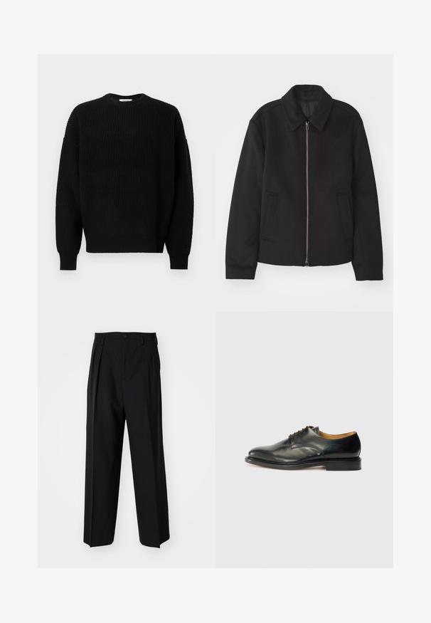 Jachetă neagră cu închidere prin fermoar, design ajustat, guler rotund și buzunare cu fanta. Fabricată dintr-un material neted, texturat.; Pulover negru din tricot cu o textură ribbed, guler rotund și umeri lăsați, având mâneci lungi și un design lejer.; Pantaloni negri plisat cu un design drept și pantaloni largi. Construiți dintr-un material neted, prevăzuți cu închidere cu nasture și bucle pentru curea.; Pantof cu toc din piele neagră, cu un finisaj neted, vârf rotund și șireturi minime. Prezintă un design subtil și o talpă din cauciuc joasă și rezistentă.