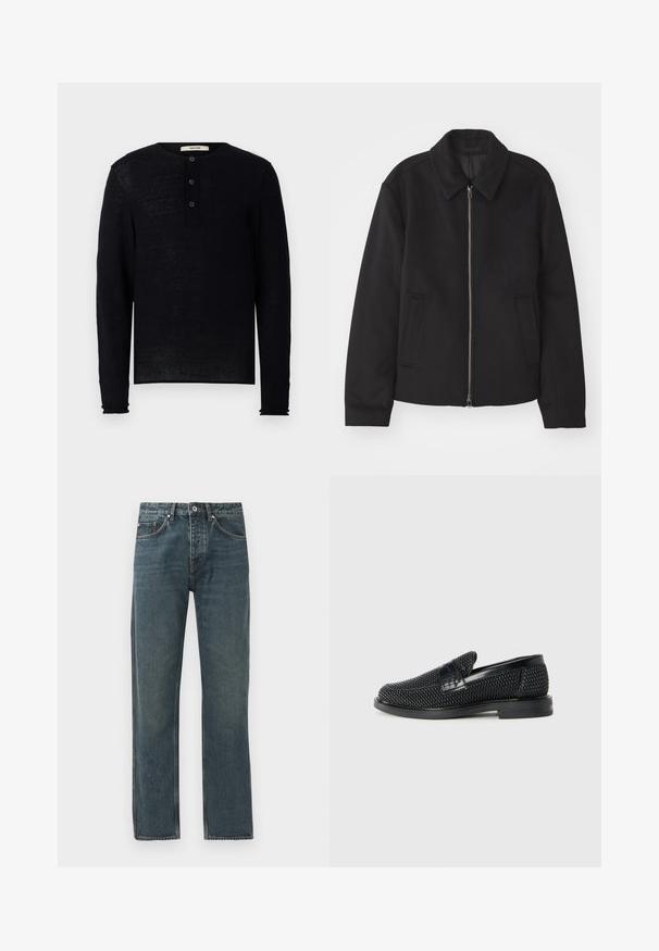 Juodas švarkas su užtrauktuku, pritaikyta forma, apvaliu apykakle ir kišenėmis su plyšiu. Pagamintas iš lygios, tekstūruotos medžiagos.; Juodas ilgomis rankovėmis henley marškinėliai, pagaminti iš minkštos medžiagos, turi apvalią iškirptę ir tris priekinio užsegimo mygtukus. Šiek tiek laisvas kirpimas su gumuotais rankogaliais.; Tamsiai mėlyni džinsai su tiesiomis kojomis, turintys penkis kišenes, mygtuko uždarymą ir kontrastingus siuvimo akcentus.; Juodas pintas slip-on tipo batelis su lygiu odiniu akcentu viršuje, apvalios nosies dizainas ir žemas guminis padas.
