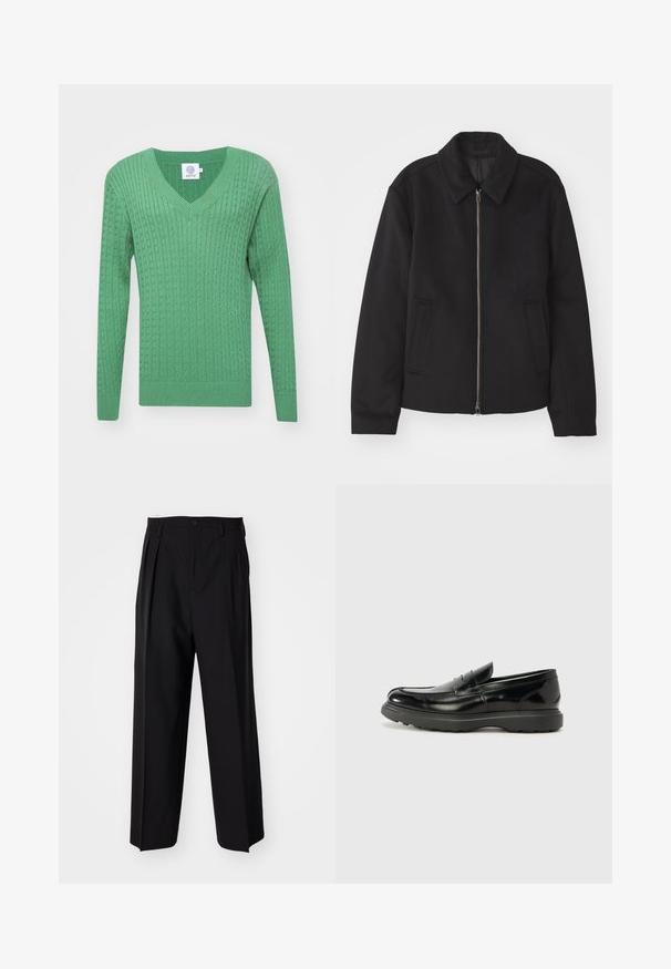 Jachetă neagră cu închidere prin fermoar, design ajustat, guler rotund și buzunare cu fanta. Fabricată dintr-un material neted, texturat.; Pulover verde tricotat, cu guler în V, manșete ribbed și un model texturat pe întreaga țesătură. Eticheta de la guler are inscripția "KNITD."; Pantaloni negri plisat cu un design drept și pantaloni largi. Construiți dintr-un material neted, prevăzuți cu închidere cu nasture și bucle pentru curea.; Mocasin din piele neagră cu o finisare lucioasă, vârf rotunjit, detalii de cusătură subtile și o talpă groasă din cauciuc pentru durabilitate.
