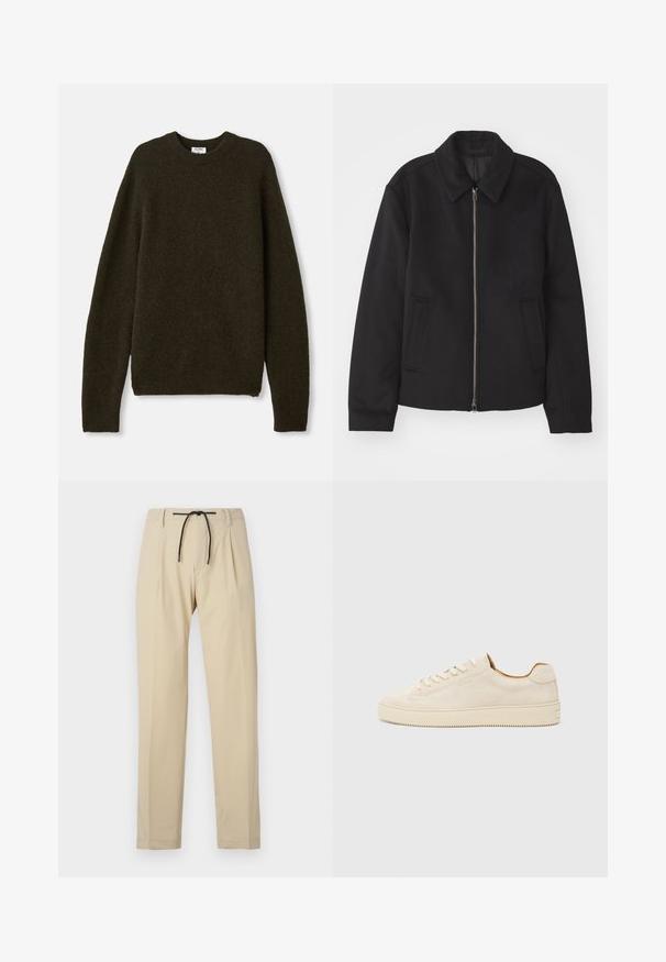 Črna jakna z zadrgo, prilagojena zasnova, okrogla ovratnica in žepi z rezi. Narejena iz gladke, teksturirane tkanine.; Temnozeleni pleteni pulover s krožnim izrezom, dolgimi rokavi in rebrastimi robovi. Narejen iz mehkega, teksturiranega mešanice volne.; Bež hlače s ravnim krojem, z elastičnim pasom, plisejem na sprednji strani in gladko teksturo. Preprost, vsestranski dizajn.; Bež suède teniska z nizkim dizajnom, okroglim prstom, ravnimi čipkami in teksturirano gumijasto podplatom. Minimalističen slog brez vidnih logotipov.
