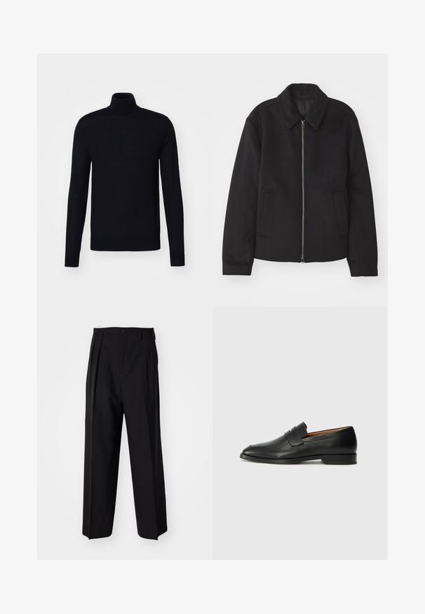 Jachetă neagră cu închidere prin fermoar, design ajustat, guler rotund și buzunare cu fanta. Fabricată dintr-un material neted, texturat.; Pulover negru cu guler înalt, mâneci lungi, design ajustat, textură tricotată, material moale, fără modele sau accente vizibile.; Pantaloni negri plisat cu un design drept și pantaloni largi. Construiți dintr-un material neted, prevăzuți cu închidere cu nasture și bucle pentru curea.; Lofer din piele neagră, cu vârf rotund, detalii cusute subtile și toc jos, având o textură netedă și un design minimalist.
