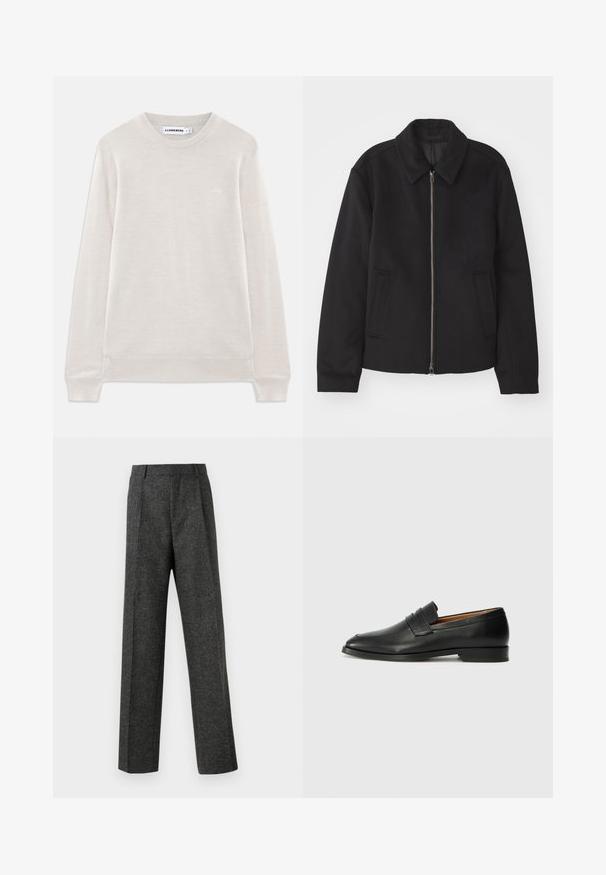 Crna jakna s patentnim zatvaračem, prilagođenog dizajna, zaobljenim kragnom i proreznim džepovima. Izrađena od glatkog, teksturiranog materijala.; Svijetlosmeđi dugi pulover s okruglim vratom, rebrastim manžetama i rubom, suptilni logo na lijevoj strani prsiju te oznaka J.Lindeberg unutar ovratnika.; Sive prilagođene hlače od teksturiranog materijala, s dva prednja nabora i ravnim krojem. Nema vidljivih džepova ili ukrasa.; Crni kožni loafer s okruglim vrhom, suptilnim šavovima i niskim petama, s glatkom teksturom i minimalističkim dizajnom.