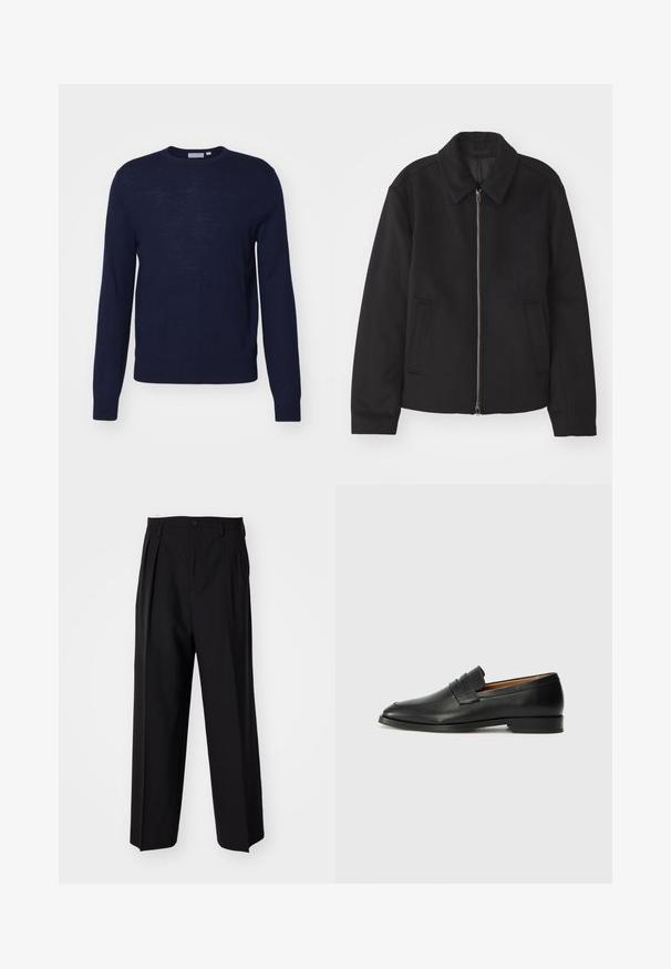 Črna jakna z zadrgo, prilagojena zasnova, okrogla ovratnica in žepi z rezi. Narejena iz gladke, teksturirane tkanine.; Tiger of Sweden CONNOR - Pulover - light ink; Črne nabirane hlače s ravnim, širokim krojem. Narejene so iz gladkega materiala in imajo zadrgo ter pasne zanke.; Črne usnjene loferice z zaobljenim prstom, subtilnim šivanjem in nizkim petam, ki se odlikujejo po gladki teksturi in minimalističnem oblikovanju.