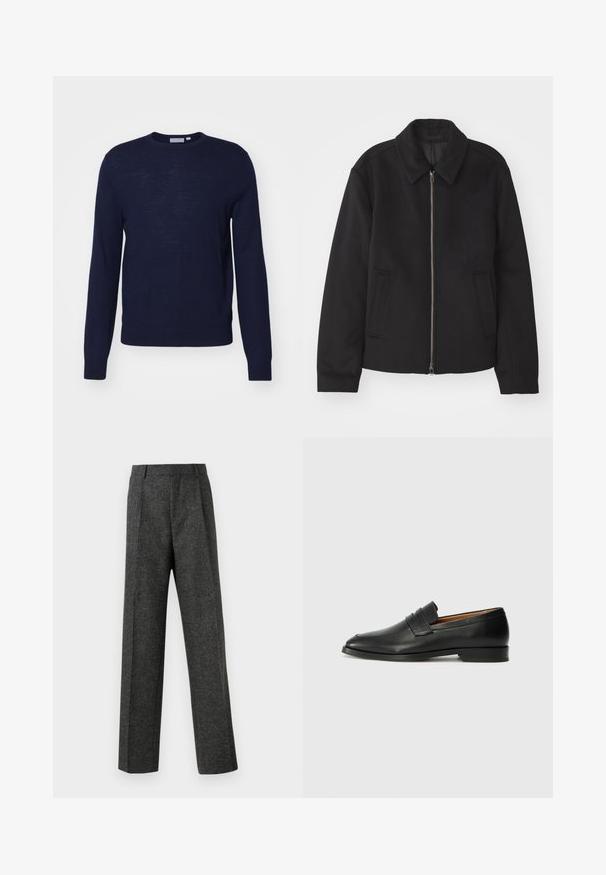 Veste noire avec fermeture éclair, design ajusté, col arrondi et poches fendue. Fabriquée dans un tissu lisse et texturé.; Tiger of Sweden CONNOR - Pullover - light ink; Pantalon gris ajusté en tissu texturé, doté de deux plis sur le devant et d'une coupe droite. Pas de poches visibles ni de décorations.; Mocassin en cuir noir avec un bout arrondi, des coutures subtiles et un talon bas, présentant une texture lisse et un design minimaliste.