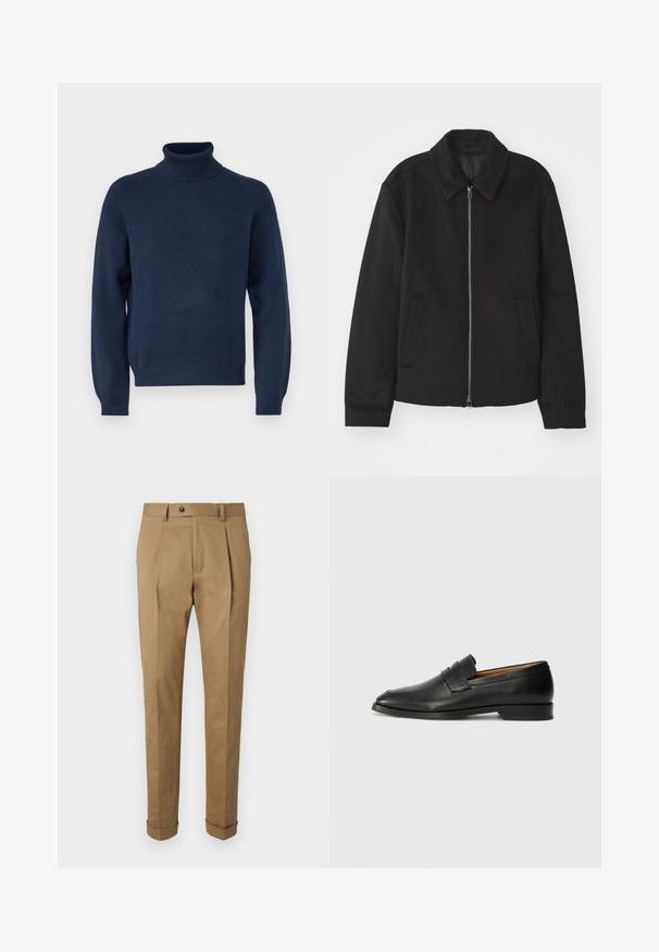 Must mustriga, mis on varustatud lukuga, kohandatud disaini, ümarate kaeluste ja lõhesalongidega taskudega. Valmistatud siledast, tekstuurilisest kangast.; Tumedat sinine kõrge kaelusega kampsun, mis on valmistatud pehmest kudumist. Omab pikki varrukaid ja soonik tõttu ning hemmi. Lihtne, klassikaline disain.; Kahvitooni kombinesoonipüksid, mis on kohandatud sobivusega, pleatide, nööbitaldiga, vöökinnitusde ja keeratud äärega. Valmistatud siledast ja vastupidavast kangast.; Must musta loafers ümarate varvastega, peene tikandiga ja madala kontsaga, millel on sile tekstuur ja minimalistlik disain.