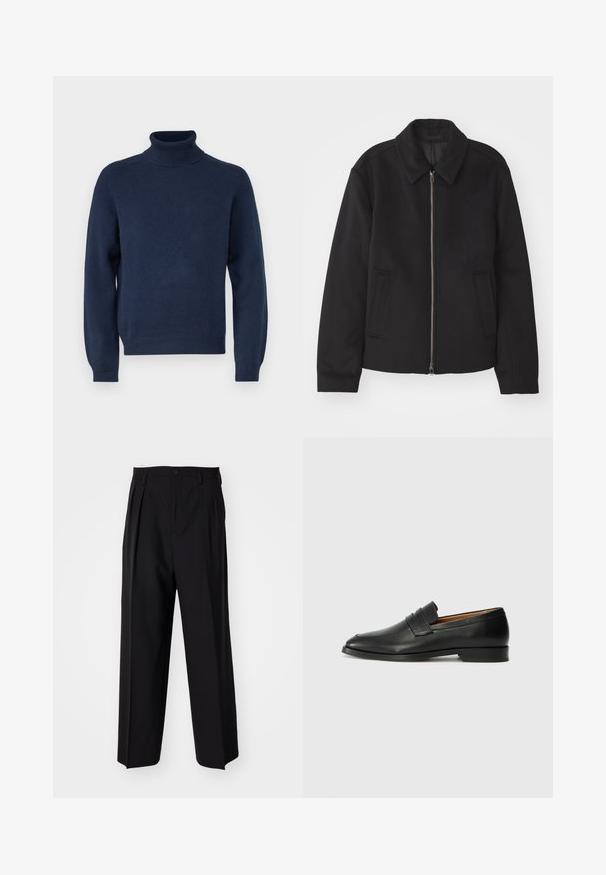 Black jacket with a zip closure, tailored design, a rounded collar, and slit pockets. Made from a smooth, textured fabric.; Navy blue turtleneck sweater made of soft knit fabric. Features long sleeves and ribbed cuffs and hem. Simple, classic design.; Black pleated trousers with a straight, wide-leg design. Made from smooth fabric, featuring a button closure and belt loops.; Black leather loafer with a rounded toe, subtle stitched detailing, and a low heel, featuring a smooth texture and minimalist design.