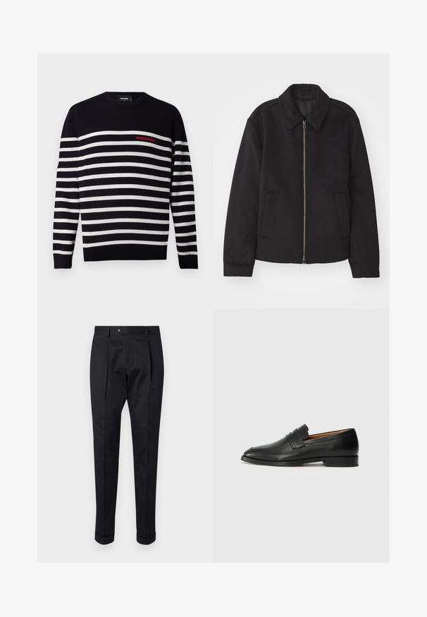 Giacca nera con chiusura con zip, design sartoriale, collo arrotondato e tasche a fessura. Realizzata in un tessuto morbido e texture.; Maglione a righe blu navy e bianche con scollatura rotonda, caratterizzato da un logo rosso "DSQUARED2" sul petto sinistro. Tessuto in maglia morbida.; Pantaloni neri realizzati in un tessuto liscio, con una piega sul davanti, chiusura con bottone e risvolti alla caviglia.; Mocassino in pelle nera con punta arrotondata, dettagli cuciti sottili e tacco basso, caratterizzato da una texture liscia e un design minimalista.