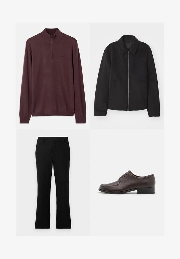 Juodas švarkas su užtrauktuku, pritaikyta forma, apvaliu apykakle ir kišenėmis su plyšiu. Pagamintas iš lygios, tekstūruotos medžiagos.; Ilgas rankovėmis rudas megztinis su pusiau užtraukiamu apykakle ir išklotomis rankovėmis bei hemu, pateiktas baltame fone.; Juodos plačios kelnės, pagamintos iš medvilnės mišinio, su mygtukų uždarymu, diržo kilpomis ir lygia tekstūra be matomų raštų.; Rudos odinės suknelės batai su lygiu paviršiumi, apvalia nosimi ir uždaru raištelių dizainu. Yra žemas sukrautas kulnas ir subtilus siuvinėjimo detalė.