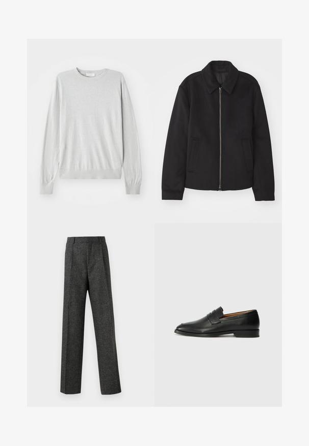 Czarna kurtka z zamkiem błyskawicznym, dopasowany krój, okrągły kołnierz i kieszenie cięte. Wykonana z gładkiego, teksturowanego materiału.; Jasnoszary dziany sweter z długimi rękawami, okrągłym dekoltem oraz prążkowanymi mankietami i dołem. Wykonany z miękkiego, gładkiego materiału.; Szare spodnie o dopasowanym kroju wykonane z teksturowanej tkaniny, z dwoma fałdami z przodu i prostymi nogawkami. Brak widocznych kieszeni i zdobień.; Czarne skórzane mokasyny z zaokrąglonym noskiem, subtelnymi przeszyciami i niskim obcasem, charakteryzujące się gładką teksturą i minimalistycznym designem.