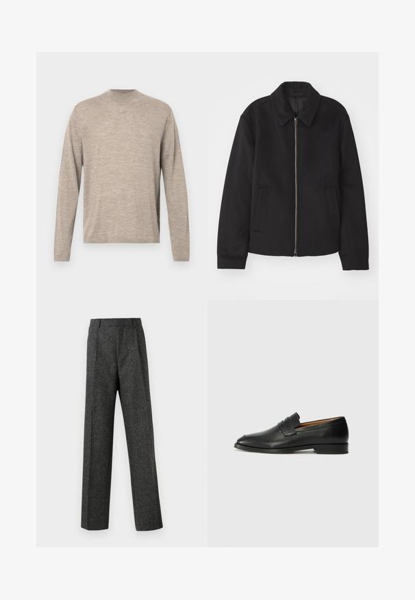 Casaco preto com fecho de correr, design ajustado, colarinho redondo e bolsos com fenda. Feito de um tecido liso e texturizado.; Suéter longo de mangas em bege claro, com decote redondo, feito de um tecido macio, apresentando um ajuste relaxado e uma textura subtil. Sem padrões ou adornos.; Calças cinzentas ajustadas, feitas de um tecido texturizado, com duas pregas frontais e um design de perna reta. Sem bolsos visíveis ou enfeites.; Sapatilha de couro preta com biqueira arredondada, detalhes cosidos discretos e um salto baixo, apresentando uma textura suave e um design minimalista.