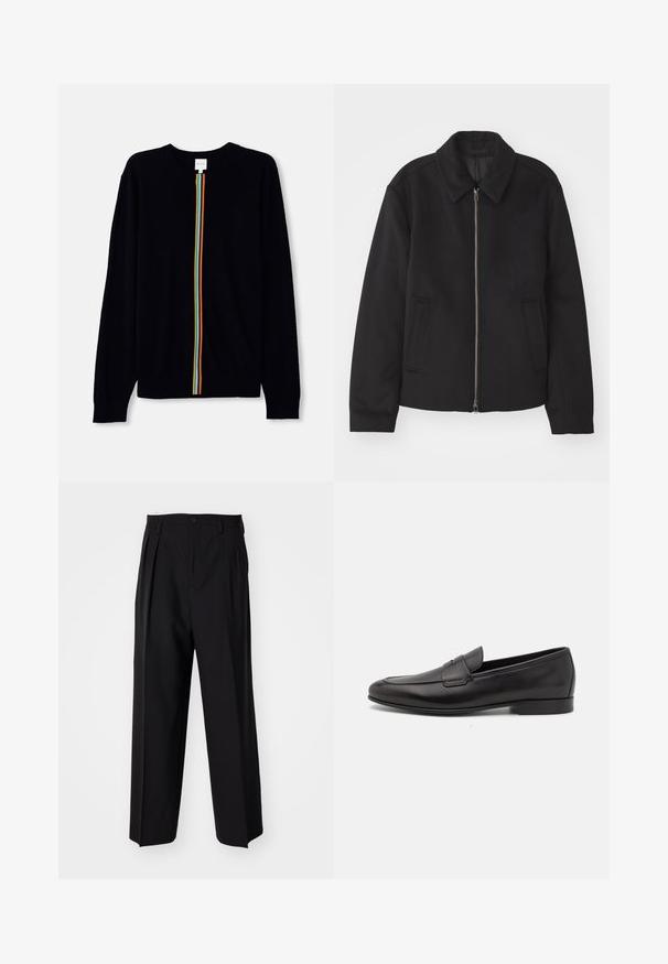 Schwarze Jacke mit Reißverschluss, tailliertem Schnitt, rundem Kragen und Schlitztaschen. Hergestellt aus einem glatten, strukturierten Stoff.; Schwarzer Pullover mit langen Ärmeln, der einen zentralen vertikalen Streifen in Regenbogenfarben zeigt. Weiches Strickmaterial mit gerippten Bündchen.; Schwarze, plissierte Hose mit geradem, weitem Bein. Hergestellt aus glattem Stoff, mit Knopfverschluss und Gürtelschlaufen.; Schwarze Leder-Herrenloafer mit niedrigem Absatz und klassischem Penny-Riemen-Design, seitlich auf einem weißen Hintergrund dargestellt.