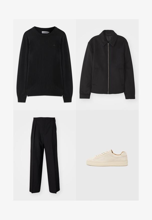 Fekete dzseki cipzárral, testreszabott dizájnnal, kerek nyakkal és zsebekkel. Sima, texturált anyagból készült.; Fekete, hosszú ujjú, kerek nyakú pulóver, bordás mandzsettákkal és aljjal, bal mellen egy apró, diszkrét logóval.; Fekete, pliszírozott nadrág, egyenes, széles lábakkal. Sima anyagból készült, gombos záródással és övhurkokkal rendelkezik.; Beige velúr sportcipő alacsony fazonban, kerek orral, lapos fűzőkkel és texturált gumitalppal. Minimalista stílus, látható logók nélkül.