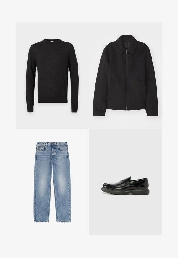 Schwarze Jacke mit Reißverschluss, tailliertem Schnitt, rundem Kragen und Schlitztaschen. Hergestellt aus einem glatten, strukturierten Stoff.; Schwarzer Pullover mit langen Ärmeln und Rundhalsausschnitt, aus glattem Material gefertigt, mit einem dezenten Logo an der Seite und einer taillierten Silhouette.; Hellblaue gerade geschnittene Denim-Jeans mit verblasster Textur, vorderen Taschen, Gürtelschlaufen und Knopfverschluss.; Schwarze Lederloafer mit glanzendem Finish, abgerundetem Zehenbereich, subtilen Steppnähten und einer dicken Gummisohle für Langlebigkeit.
