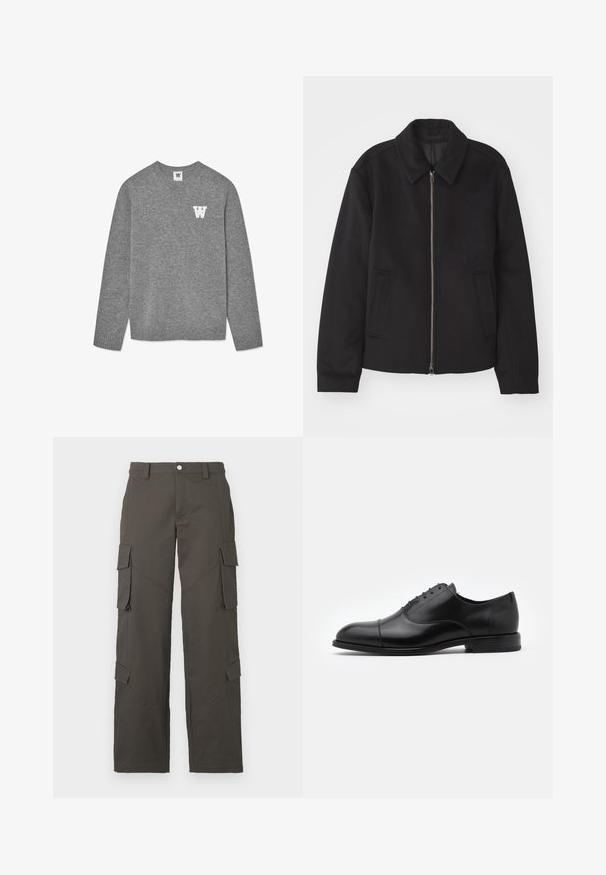 Μαύρο μπουφάν με φερμουάρ, κομψή γραμμή, στρογγυλός γιακάς και τσέπες με άνοιγμα. Κατασκευασμένο από μαλακό, υφασμάτινο υλικό.; Γκρι πλεκτό πουλόβερ με στρογγυλή λαιμόκοψη και ριμπ μανσέτες. Μια λευκή γράμμα "W" είναι κεντημένη στην αριστερή πλευρά του στήθους. Μαλακή υφή.; Σκούρο γκρι παντελόνι cargo ίσιας γραμμής με κούμπωμα και τέσσερις τσέπες με καπάκι, δύο στους μηρούς και δύο κοντά στις γάμπες.; Μαύρο δερμάτινο παπούτσι με στρογγυλή μύτη, σχέδιο με κορδόνια και διακριτές ραφές. Διαθέτει χαμηλό τακούνι και λεία υφή.