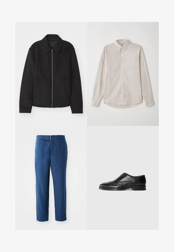 Zwarte jas met ritssluiting, op maat gemaakte ontwerp, ronde kraag en splitzakken. Gemaakt van een gladde, gestructureerde stof.; Lichtbeige langemouwen shirt van zachte stof. Voorzien van een kraag met knopen en een centrale knoopsluiting met een gebogen zoom.; Donkerblauwe, op maat gemaakte broek van lichtgewicht stof. Heeft een strakke taille met een riem en een rechte pijp, met een soepele textuur.; Zwarte leren dresschoenen met een ronde neus, een gladde textuur, vetersluiting en een subtiele naaddetail, met een lage, platte hak.
