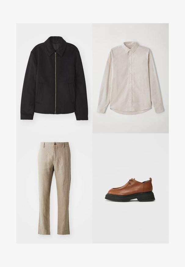 Melnā jaka ar rāvējslēdzēju, piegrieztas formas dizains, noapaļots apkakle un šķēluma kabatas. Izgatavota no gludas, teksturētas auduma.; Gaiši beidzis ilga piedurkne krekls, izgatavots no mīksta auduma. Ar pogu uz leju apkakli un centrālo pogu aizdares ar izliekto apakšmalu.; Bēšīgas linu bikses ar taisnu griezumu, ar priekšējo pogu aizdari un gludu tekstūru. Nav redzamu rakstu vai akcentu.; Bordo ādas kurpe ar noapaļotu purngalu, auklu dizainu un biezu melnu slāņu zoli. Ievērojama ar savu strukturēto siluetu un tekstūru.