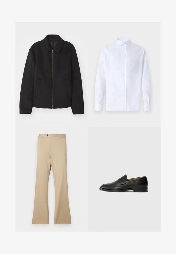 Black jacket with a zip closure, tailored design, a rounded collar, and slit pockets. Made from a smooth, textured fabric.; White long-sleeve button-up shirt made of cotton, featuring a chest pocket with tonal embroidery, a collar, and button cuffs.; Beige flared trousers made of smooth fabric. Features a button closure, front pockets, and a tailored fit through the hips, extending to a wide leg.; Black leather loafer with a rounded toe, subtle stitched detailing, and a low heel, featuring a smooth texture and minimalist design.