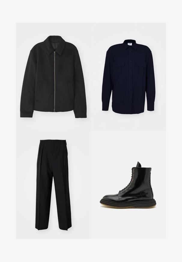 Jachetă neagră cu închidere prin fermoar, design ajustat, guler rotund și buzunare cu fanta. Fabricată dintr-un material neted, texturat.; Filippa K RELAXED PATCH POCKET SHIRT - Cămașă - navy; Pantaloni negri plisat cu un design drept și pantaloni largi. Construiți dintr-un material neted, prevăzuți cu închidere cu nasture și bucle pentru curea.; The Antipode BOOT - Botine cu șireturi - black
