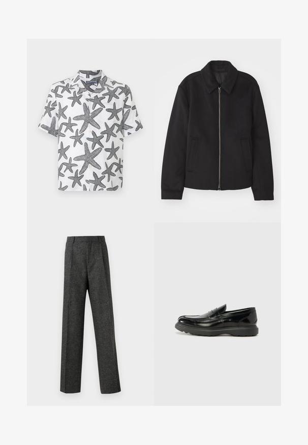 Must mustriga, mis on varustatud lukuga, kohandatud disaini, ümarate kaeluste ja lõhesalongidega taskudega. Valmistatud siledast, tekstuurilisest kangast.; Lühikeste varrukatega valge särgikesed, millel on mustad meritähe mustrid. Nööbiga ees ja krae disain. Kerge linane materjal.; Hallidehased hallid püksid tekstureeritud kangast, millel on kaks eesmist voldi ja sirge sääre disain. Pole nähtavaid taskuid ega kaunistusi.; Must musta nahk loafer läikiva viimistlusega, ümar varvas, delikaatsed õmblusdetailid ja paks kummist tallad vastupidavuse tagamiseks.