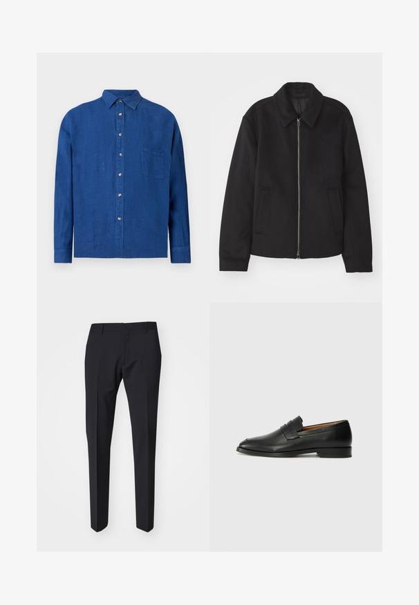 Černá bunda se zipovým uzávěrem, střižená designem, kulatým límcem a kapsami na bocích. Vyrobena z hladké, strukturované tkaniny.; Modrá košile s dlouhými rukávy a knoflíky, s límečkem a náprsní kapsou, vystavená na bílém pozadí.; Tmavě modré kalhoty s úzkým střihem. Vyrobené z hladké, texturované látky, s plochým předním zdvihem, poutky na opasek a bočními kapsami.; Černé kožené mokasíny s kulatou špičkou, jemným prošíváním a nízkým podpatkem, s hladkým povrchem a minimalistickým designem.