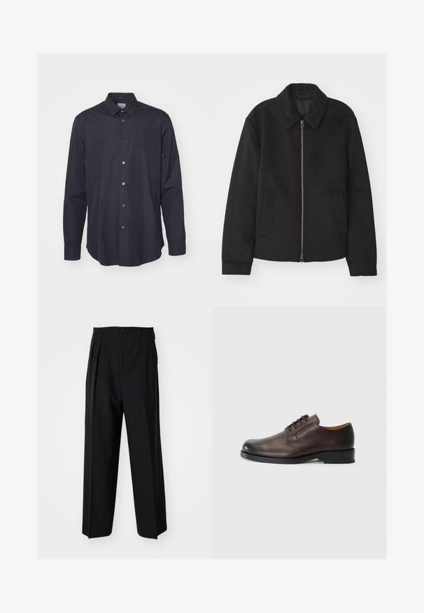 Črna jakna z zadrgo, prilagojena zasnova, okrogla ovratnica in žepi z rezi. Narejena iz gladke, teksturirane tkanine.; Temno modra srajca z dolgimi rokavi in gumbi, izdelana iz gladkega materiala, z značilnim ovratnikom in petimi sprednjimi gumbi, ki imajo kontrastne barve.; Črne nabirane hlače s ravnim, širokim krojem. Narejene so iz gladkega materiala in imajo zadrgo ter pasne zanke.; Rjave usnjene čevlje z zaobljenim nosom, nizko peto, vezalnim dizajnom in gladko površino. Imajo minimalne šive in sijajno končno obdelavo.