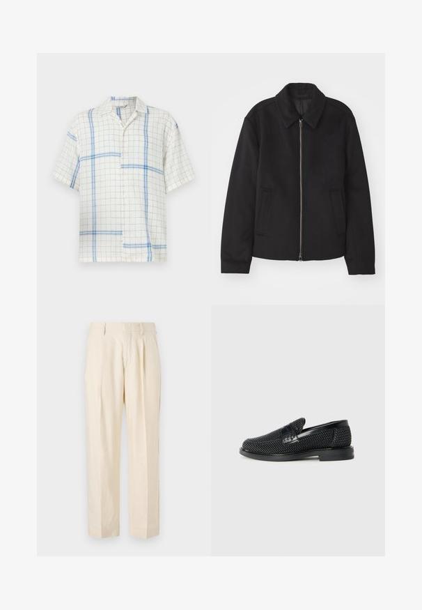 Juodas švarkas su užtrauktuku, pritaikyta forma, apvaliu apykakle ir kišenėmis su plyšiu. Pagamintas iš lygios, tekstūruotos medžiagos.; Šviesios medžiagos trumpų rankovių marškiniai su balta fono spalva ir mėlynos spalvos tinklelio raštu. Su smailiu apykakle ir mygtukų užsegimu priekyje.; NN.07 KAY - Kelnės - off white; Juodas pintas slip-on tipo batelis su lygiu odiniu akcentu viršuje, apvalios nosies dizainas ir žemas guminis padas.
