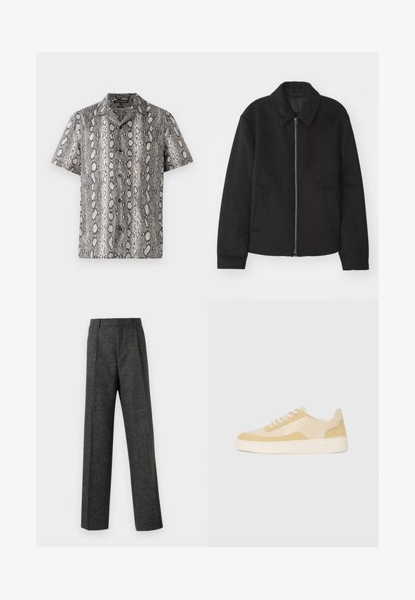 Zwarte jas met ritssluiting, op maat gemaakte ontwerp, ronde kraag en splitzakken. Gemaakt van een gladde, gestructureerde stof.; Korte mouwen shirt in zwart en wit met een slangenhuidpatroon, voorzien van een ingesneden kraag en knoopsluiting. Gemaakt van lichtgewicht stof.; Grijze op maat gemaakte broek van gestructureerde stof, met twee voorplooien en een rechte pijp. Geen zichtbare zakken of versieringen.; Schoenen in lichtgele suede en leer, met een gevoerde zool en gestikte accenten. Klassiek vetersluiting ontwerp met een ronde neus.