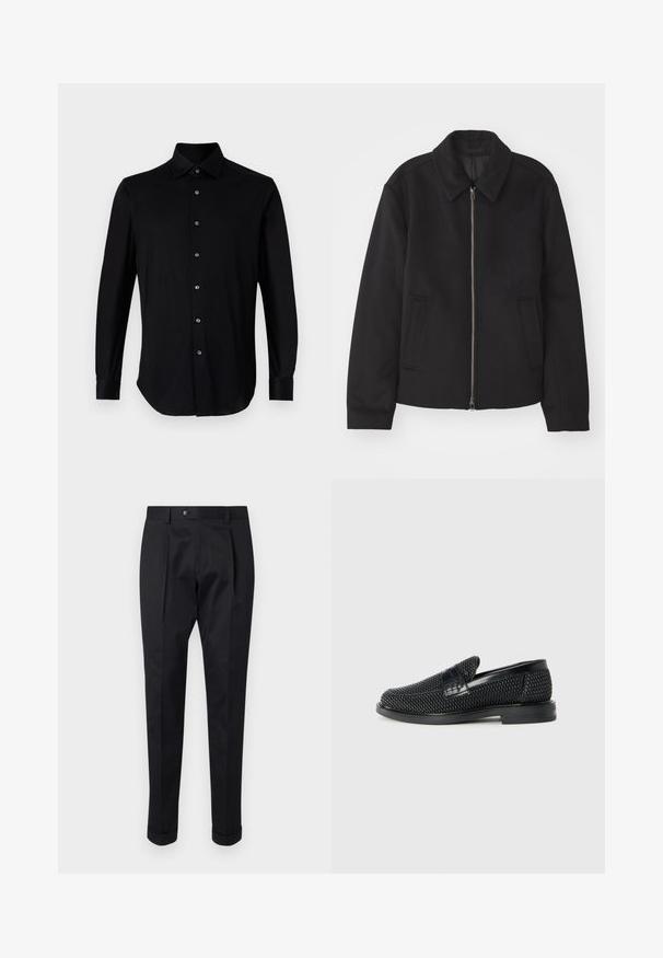 Zwarte jas met ritssluiting, op maat gemaakte ontwerp, ronde kraag en splitzakken. Gemaakt van een gladde, gestructureerde stof.; Zwarte lange mouwen knoopsluiting overhemd met een puntige kraag en knoopmanchetten op een witte achtergrond.; Zwarte broek gemaakt van een gladde stof, met een plooi aan de voorkant, een knopen sluiting en opgerolde manchetten bij de enkels.; Zwartegeweven instap schoenen met een glad leren accent aan de bovenkant, een ronde neusontwerp en een laag profiel rubberen zool.