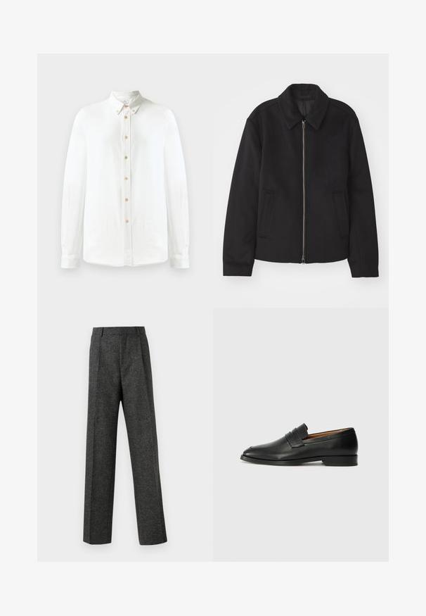 Czarna kurtka z zamkiem błyskawicznym, dopasowany krój, okrągły kołnierz i kieszenie cięte. Wykonana z gładkiego, teksturowanego materiału.; Biała koszula z długim rękawem zapinana na guziki, wykonana z miękkiego materiału, z klasycznym kołnierzykiem, rzędem okrągłych brązowych guzików i mankietami zapinanymi na guziki.; Szare spodnie o dopasowanym kroju wykonane z teksturowanej tkaniny, z dwoma fałdami z przodu i prostymi nogawkami. Brak widocznych kieszeni i zdobień.; Czarne skórzane mokasyny z zaokrąglonym noskiem, subtelnymi przeszyciami i niskim obcasem, charakteryzujące się gładką teksturą i minimalistycznym designem.