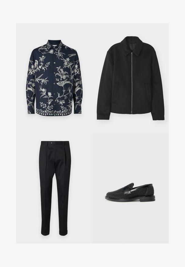 Giacca nera con chiusura con zip, design sartoriale, collo arrotondato e tasche a fessura. Realizzata in un tessuto morbido e texture.; Camicia blu navy con bottoni, caratterizzata da intricati ricami bianchi di fiori e uccelli, maniche lunghe e colletto classico; il tessuto è morbido e leggero.; Pantaloni neri realizzati in un tessuto liscio, con una piega sul davanti, chiusura con bottone e risvolti alla caviglia.; Scarpa nera a mocassino intrecciata con un accentuato in pelle liscia sulla parte superiore, design a punta rotonda e suola in gomma a profilo basso.