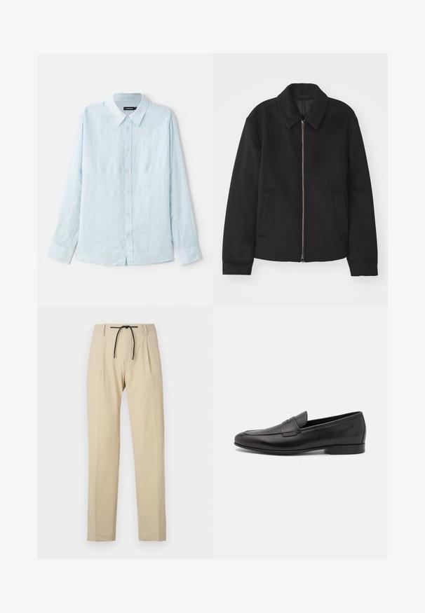 Czarna kurtka z zamkiem błyskawicznym, dopasowany krój, okrągły kołnierz i kieszenie cięte. Wykonana z gładkiego, teksturowanego materiału.; Jasnoniebieska koszula z długim rękawem, wykonana z lnu, z zapięciem na guziki z przodu, wywiniętym kołnierzykiem i standardowymi mankietami. Miękka tekstura, minimalistyczny design.; Beżowe spodnie o prostym kroju, z elastycznym pasem, plisowanym przodem i gładką fakturą. Prosty, uniwersalny design.; Czarne skórzane męskie loafersy z niskim obcasem i klasycznym paskiem penny, przedstawione w profilu bocznym na białym tle.