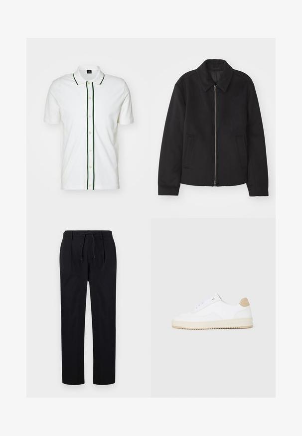 Veste noire avec fermeture éclair, design ajusté, col arrondi et poches fendue. Fabriquée dans un tissu lisse et texturé.; Polo shirt blanc à manches courtes, avec des bordures vertes le long du col et de la patte de boutonnage, et des boutons crème, fabriqué en tissu lisse.; Pantalons noirs en tissu lisse, avec une taille à cordon, des jambes droites et des plis avant pour un look structuré.; Baskets basses blanches avec un dessus en cuir texturé, semelle crémée à stries, et accent de talon tan. Présente des lacets blancs et un logo sur le talon.