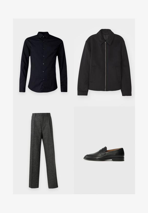 Fekete dzseki cipzárral, testreszabott dizájnnal, kerek nyakkal és zsebekkel. Sima, texturált anyagból készült.; Fekete, hosszú ujjú ing sima anyagból, hegyes gallérral, elöl gombos záródással és ívelt szegéllyel ellátott, karcsú fazonban.; Szürke, texturált anyagból készült, szabott nadrág, két elülső pliszével és egyenes lábbal. Nincsenek látható zsebek vagy díszítések.; Fekete bőr mokaszin, kerek orral, diszkrét varrásokkal és alacsony sarokkal, sima felülettel és minimalista dizájnnal.