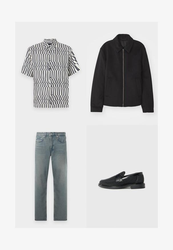 Veste noire avec fermeture éclair, design ajusté, col arrondi et poches fendue. Fabriquée dans un tissu lisse et texturé.; Chemise à manches courtes à boutons de couleur crème avec des rayures verticales bleu marine, présentant un motif en vagues, un col classique et une coupe régulière.; Jean en denim bleu clair avec une coupe droite, comportant cinq poches, un léger délavage et des accents en métal sur les boutons.; Chaussure slip-on tissée noire avec un accent en cuir lisse sur le dessus, un design à bout rond et une semelle en caoutchouc à profil bas.