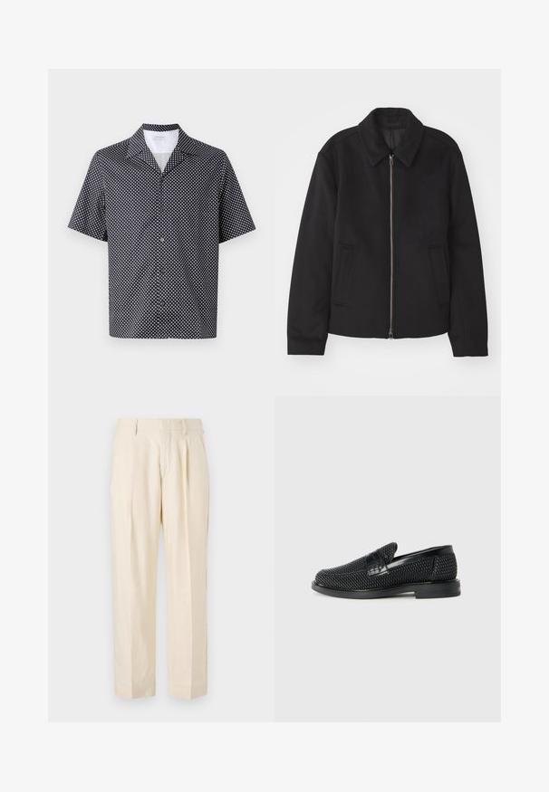 Chaqueta negra con cierre de cremallera, diseño ajustado, cuello redondeado y bolsillos con abertura. Fabricada en un tejido suave y texturizado.; Camisa de manga corta de tela azul marino con un patrón circular blanco, cuello con muesca y frente abotonado con botones negros.; NN.07 KAY - Pantalones - off white; Zapato negro de tejido con un acento de cuero suave en la parte superior, diseño de punta redonda y suela de goma de perfil bajo.