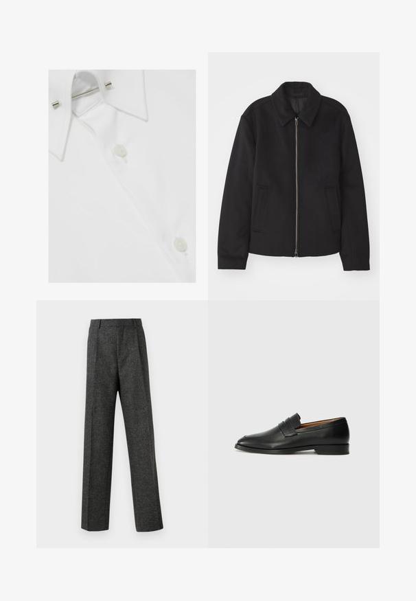Zwarte jas met ritssluiting, op maat gemaakte ontwerp, ronde kraag en splitzakken. Gemaakt van een gladde, gestructureerde stof.; Witte katoenen overhemd met een klassieke kraag, knoopsluitingen en een metalen kraagsteun, met een gladde, gestructureerde afwerking.; Grijze op maat gemaakte broek van gestructureerde stof, met twee voorplooien en een rechte pijp. Geen zichtbare zakken of versieringen.; Zwarte leren instapper met een ronde neus, subtiele stikdetails en een lage hak, met een gladde textuur en een minimalistisch ontwerp.