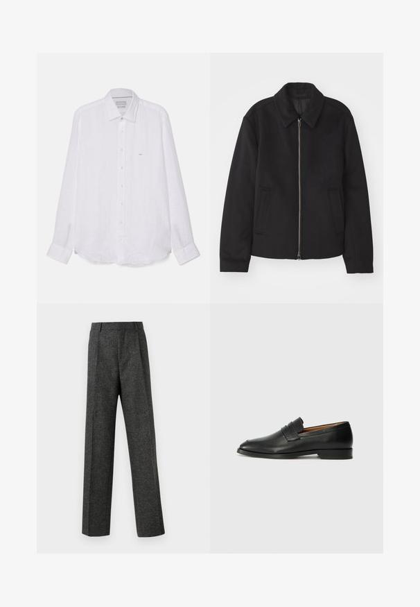 Črna jakna z zadrgo, prilagojena zasnova, okrogla ovratnica in žepi z rezi. Narejena iz gladke, teksturirane tkanine.; Bela srajca z dolgimi rokavi iz platna. Ima špicast ovratnik, celoten gumbni prednji del in majhen izvezen logo na levem prsnem delu.; Sive krojene hlače iz teksturirane tkanine, ki imajo dva sprednja nabora in ravno kroj. Brez vidnih žepov ali okrasnih elementov.; Črne usnjene loferice z zaobljenim prstom, subtilnim šivanjem in nizkim petam, ki se odlikujejo po gladki teksturi in minimalističnem oblikovanju.