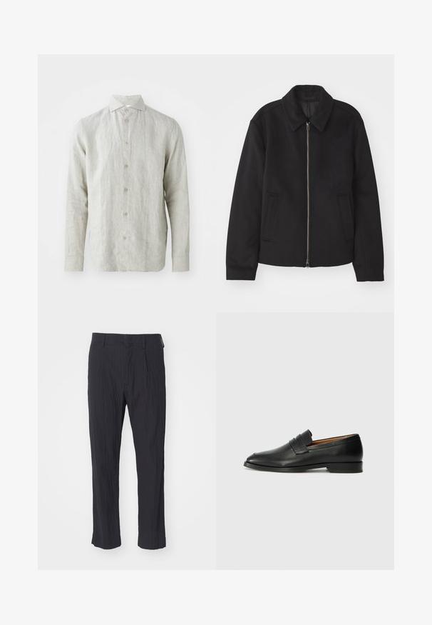 Veste noire avec fermeture éclair, design ajusté, col arrondi et poches fendue. Fabriquée dans un tissu lisse et texturé.; Chemise en lin gris clair avec un devant à boutons, col classique et manches longues. Présente une texture subtile et cinq boutons marron.; Pantalons noirs plissés en tissu texturé, présentant une coupe droite et une ceinture standard. Pas de poches ni de matériel visible.; Mocassin en cuir noir avec un bout arrondi, des coutures subtiles et un talon bas, présentant une texture lisse et un design minimaliste.