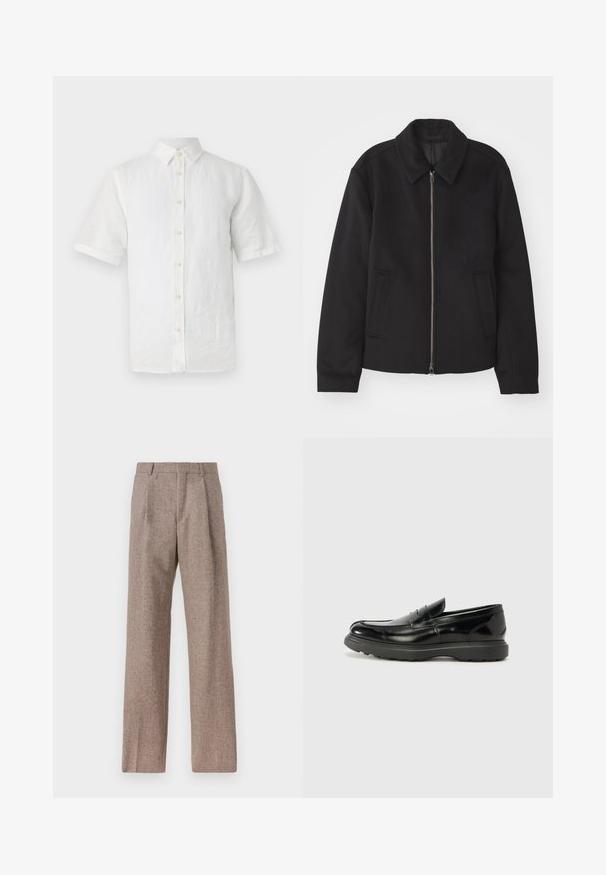Casaco preto com fecho de correr, design ajustado, colarinho redondo e bolsos com fenda. Feito de um tecido liso e texturizado.; Camisa branca de manga curta, de botão, feita de linho, com colarinho clássico, botões de madeira e um acabamento ligeiramente texturizado.; Calças castanhas de cintura alta feitas de tecido texturado. Apresentam pernas largas e duas pregas frontais para estrutura. Acabamento cuidadoso sem hardware visível.; Mocassim de couro preto com acabamento brilhante, bico arredondado, detalhes de costura subtil e sola de borracha espessa para durabilidade.