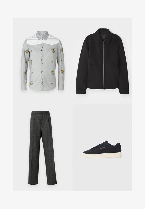 Črna jakna z zadrgo, prilagojena zasnova, okrogla ovratnica in žepi z rezi. Narejena iz gladke, teksturirane tkanine.; Srajca z dolgimi rokavi v svetlo sivi barvi z belim yokom, okrašena z rumenim cvetličnim vezenjem in srebrnimi gumbi. Mehka tkanina z gladko teksturo.; Sive krojene hlače iz teksturirane tkanine, ki imajo dva sprednja nabora in ravno kroj. Brez vidnih žepov ali okrasnih elementov.; Mornarsko modre semiš nizke superge z belim podplatom, mornarskimi vezalkami in z zlatim logotipom "Filling Pieces" na strani.