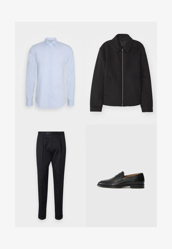Zwarte jas met ritssluiting, op maat gemaakte ontwerp, ronde kraag en splitzakken. Gemaakt van een gladde, gestructureerde stof.; Lichtblauw langslowel shirt van soepel katoen, met een klassieke kraag, knoopsluiting en subtiele branding op de borst.; Zwarte broek gemaakt van een gladde stof, met een plooi aan de voorkant, een knopen sluiting en opgerolde manchetten bij de enkels.; Zwarte leren instapper met een ronde neus, subtiele stikdetails en een lage hak, met een gladde textuur en een minimalistisch ontwerp.