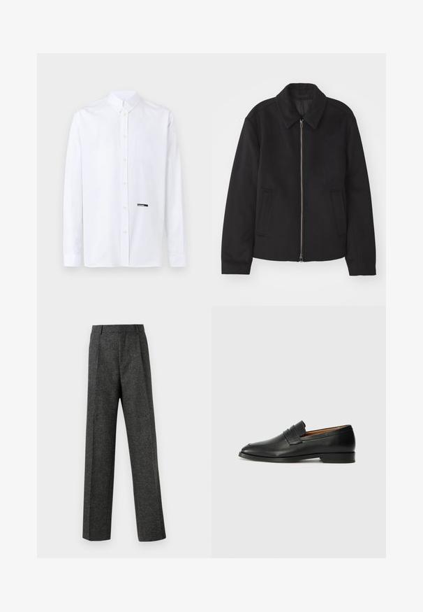 Must mustriga, mis on varustatud lukuga, kohandatud disaini, ümarate kaeluste ja lõhesalongidega taskudega. Valmistatud siledast, tekstuurilisest kangast.; Valge pika varrukaga nööbitav särk klassikalise kraega ja väike must "DSQUARED2" silt alumise nööbiliistu lähedal.; Hallidehased hallid püksid tekstureeritud kangast, millel on kaks eesmist voldi ja sirge sääre disain. Pole nähtavaid taskuid ega kaunistusi.; Must musta loafers ümarate varvastega, peene tikandiga ja madala kontsaga, millel on sile tekstuur ja minimalistlik disain.